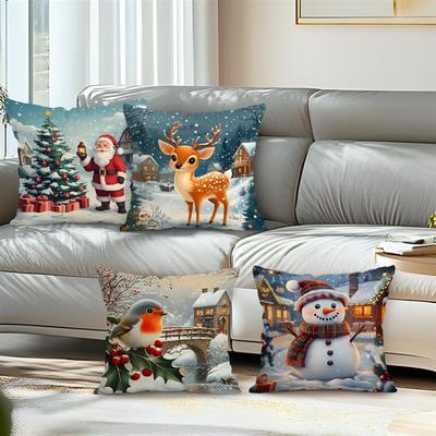 Home Decor Christmas Scenes: Santa, Deer, Bird, Snowman Pattern Cushion Cover Suitable for Sofa Bedroom Car Pillow Cover