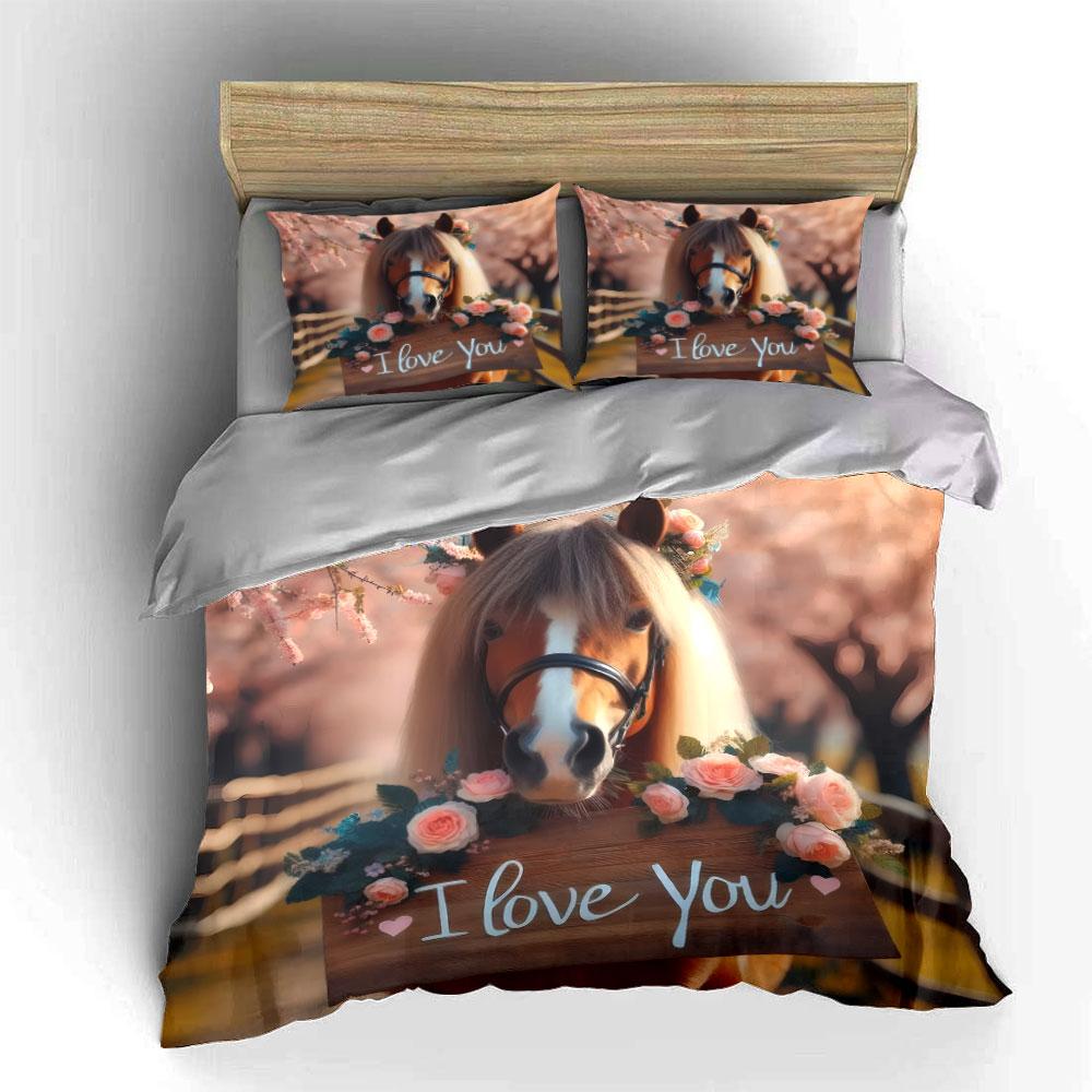 Romantic Floral Horse Decor Set Bedding Set with 1 Duvet Cover 2 Pillowcases Single Double King Queen Gift