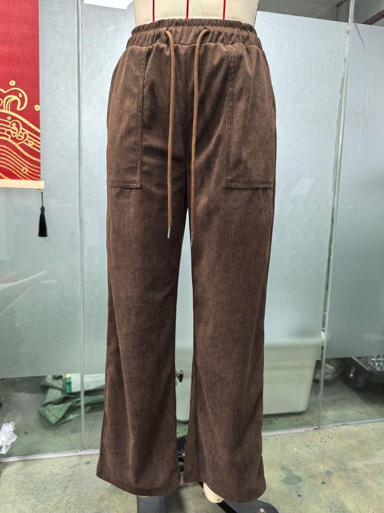 2026 Spring Elastic High Waist Lace-Up Corduroy Pants, Wide-Leg, with Pockets, Casual Long Trousers.
