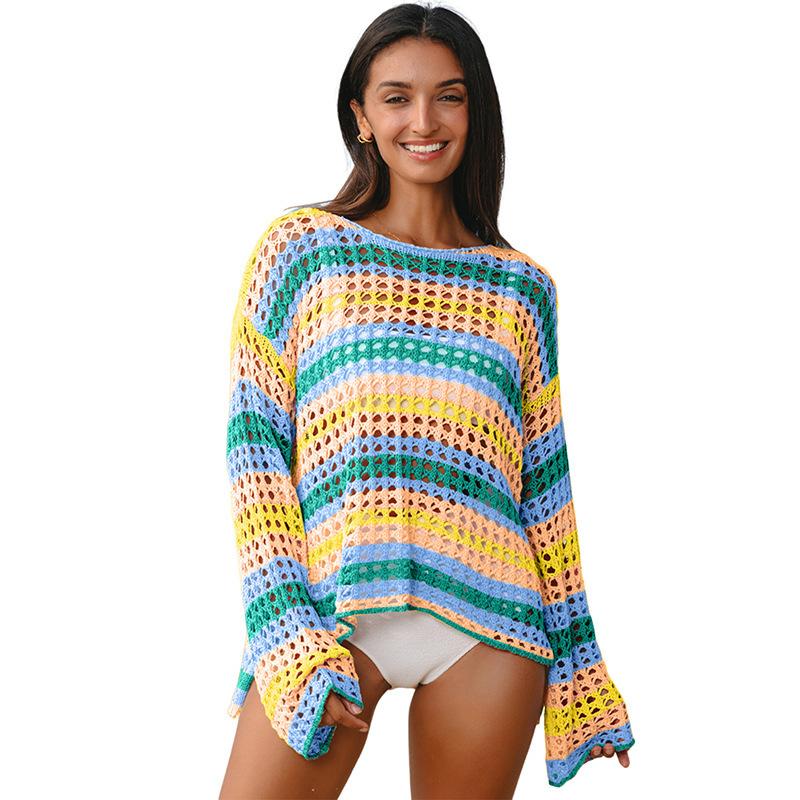 Women s Crochet Hollow Out Rainbow Stripe Long Sleeve Beach Cover-Up Top S