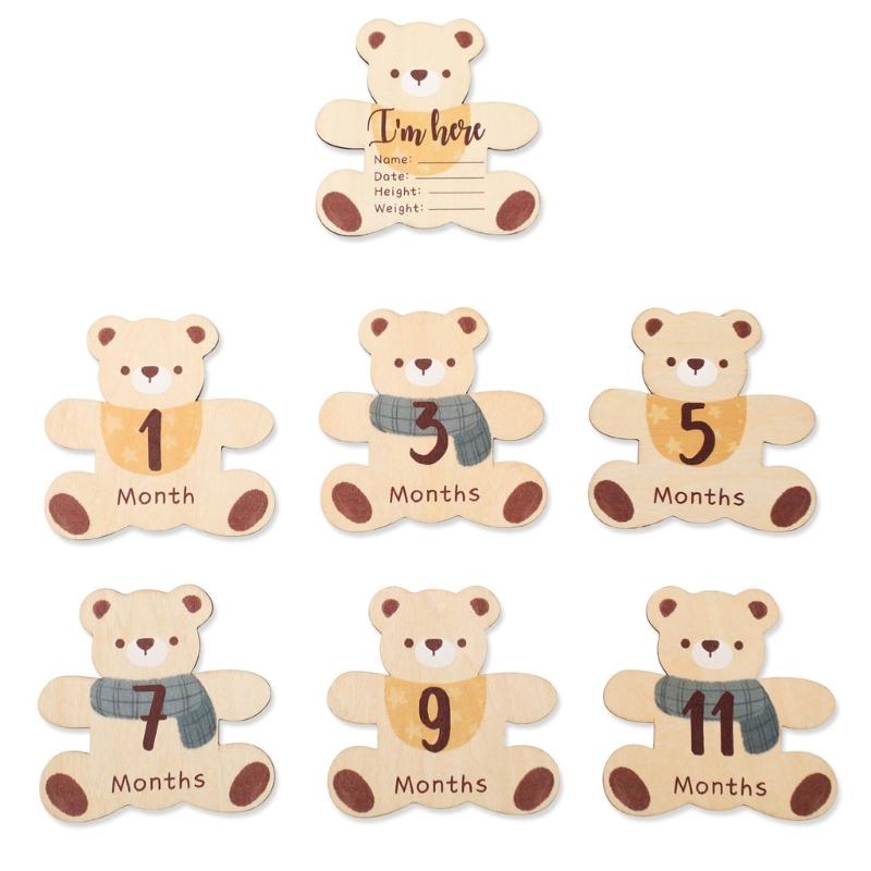 

7Pcs Adorable Wooden Bear Landmark Marking Board Cartoon Double-Sided Baby Monthly Photo Props for Cherished Memories 1