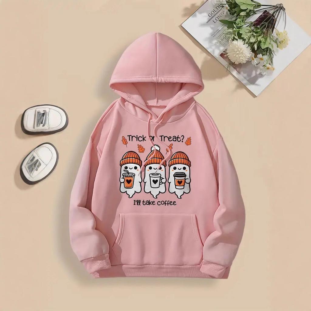 Ladies Spring Autumn Casual Sports Hooded Loose Long Sleeve Big Pocket Halloween Ghost Printed Pullover Hoodies Sweatshirt Top
