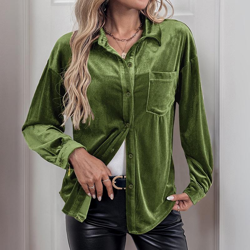 A Simple Autumn Style Coat with A Versatile Solid Color Lapel and Lantern Sleeve Shirt