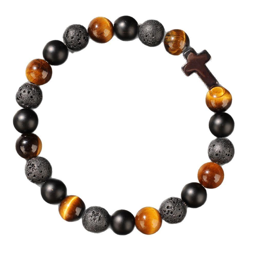 Tiger Eye Lava Rock And Matte Onyx Beaded Bracelet With Black Cross Charm Religious Fashion Jewelry For Men Daily Wear Simple Versatile Accessory