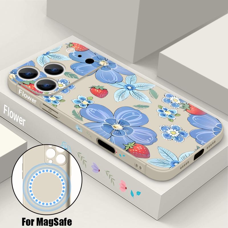 

Blue Flowers Print Case For iPhone 17 Pro Max iPhone 16 15 14 13 Pro Max Magnetic For Magsafe Soft Silicone Phone Back Cover iPhone 13 Pro Max