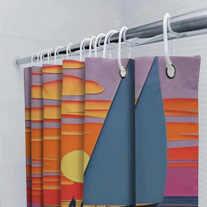 Modern Style Sunset Sailboat Bath Shower Curtain Waterproof Fabric Decorative Door Hanging Home Decoration