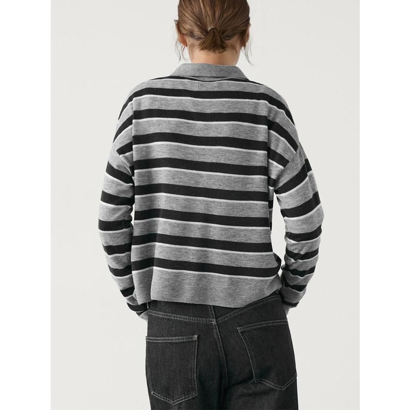 MD Fall and Winter New Women's Clothing American Preppy Style Casual Stripes Polo Shirt Collar Long Sleeves Knitwear 5663588