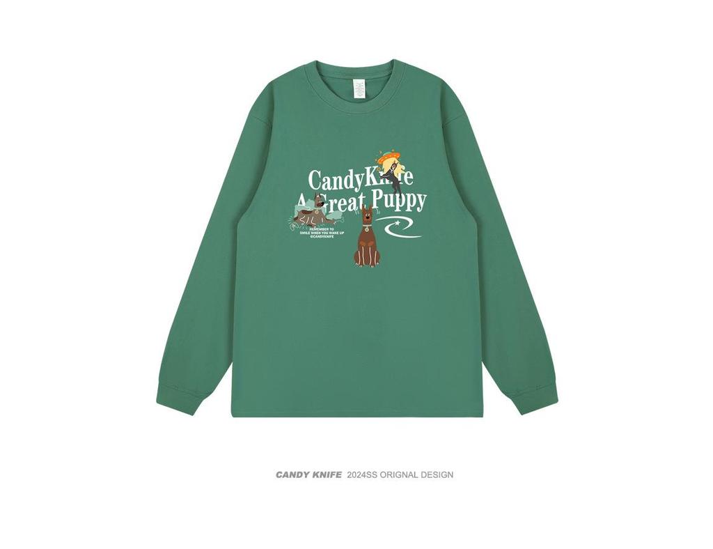 INS Trendy Retro Cartoon Dog Print Cotton Long Sleeve Couple T-shirt