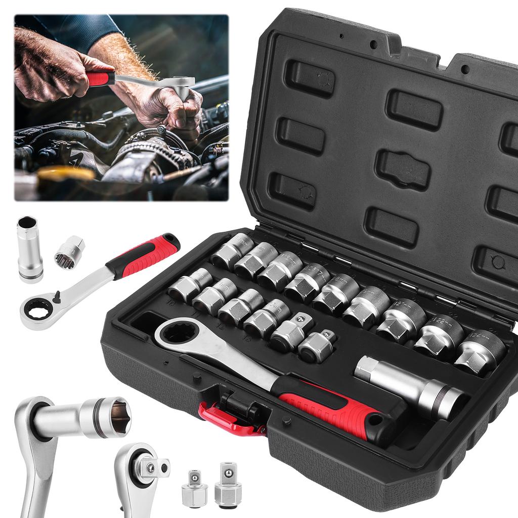 17Pcs Penetrating Ratchet Socket Wear Resist Two-Way Wrench Set Multi-Purpose Piercing Ratchet Sleeve for Home Garage Tool