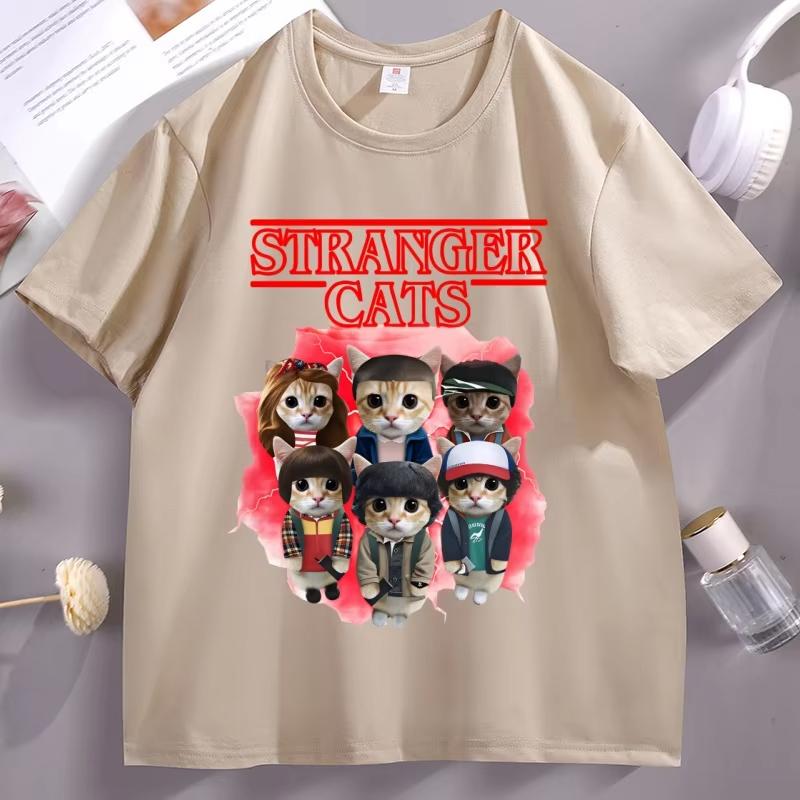 Stranger Cats T Shirt Men Women Funny Cat Lover Tee Cat Mom Gift Clothes Parody Graphic Tee Summer Round Neck Short Sleeve Tops