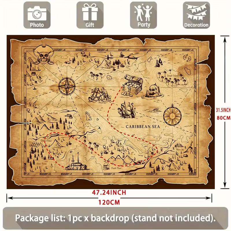 

Pirate Themed Party Backdrop - Vintage Caribbean Treasure Map Photo Booth Background 47.2x31.5inch/120*80cm