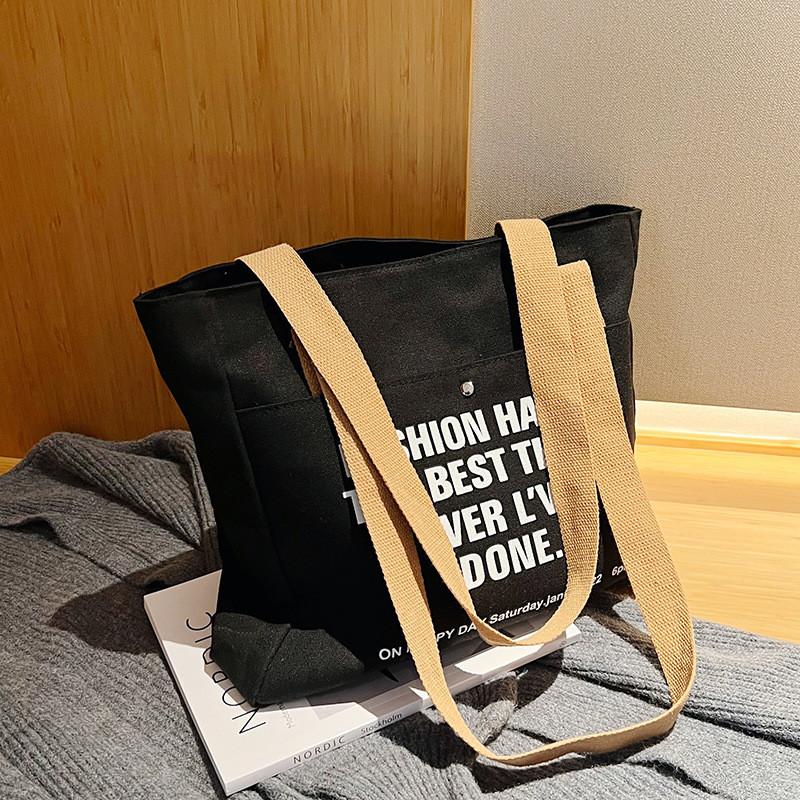Fashionable Canvas Tote Bag For Students Stylish Large Capacity Shoulder Bag In Black White Or Khaki