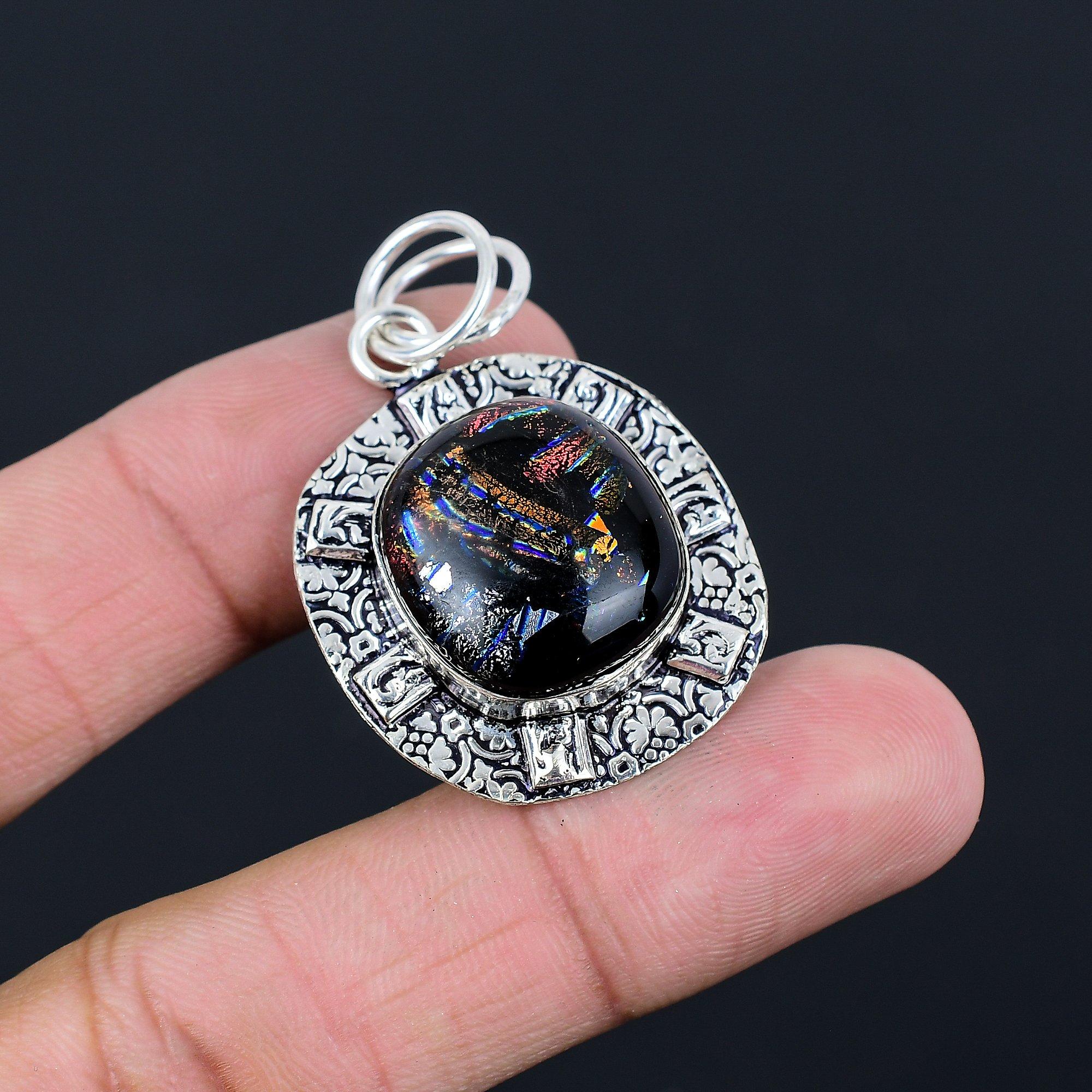 Oval Natural American Dichroic Glass Sterling Silver Wedding Bezel New Pendant