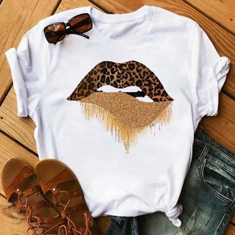 Leopard Love Heart Print Women Fashion T Shirt Black Female Short Sleeve Graphic Tops Women Sleeved Harajuk Streetwear Casual
