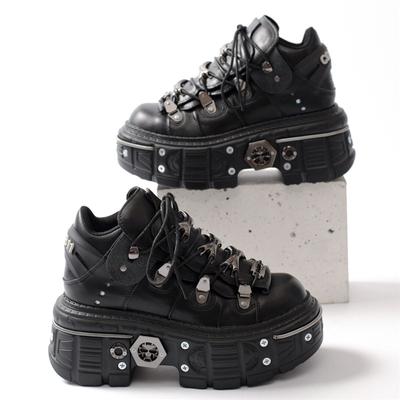 Fashion Women Lace-Up Round Toe Sneakers Woman Black Thick Bottom Metal Decoration Platform Shoes Luxury Brand Punk Shoes Men's