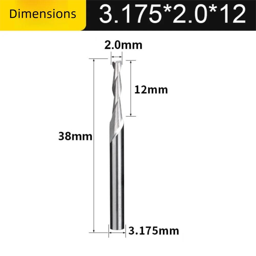 2 skärig träfräs 1/8"(3,175 mm) Skaft 2,0-3,175 mm Hårdmetall Spiralfräsar HRC45 Uppåtgående Graveringsverktyg Densitetsskiva