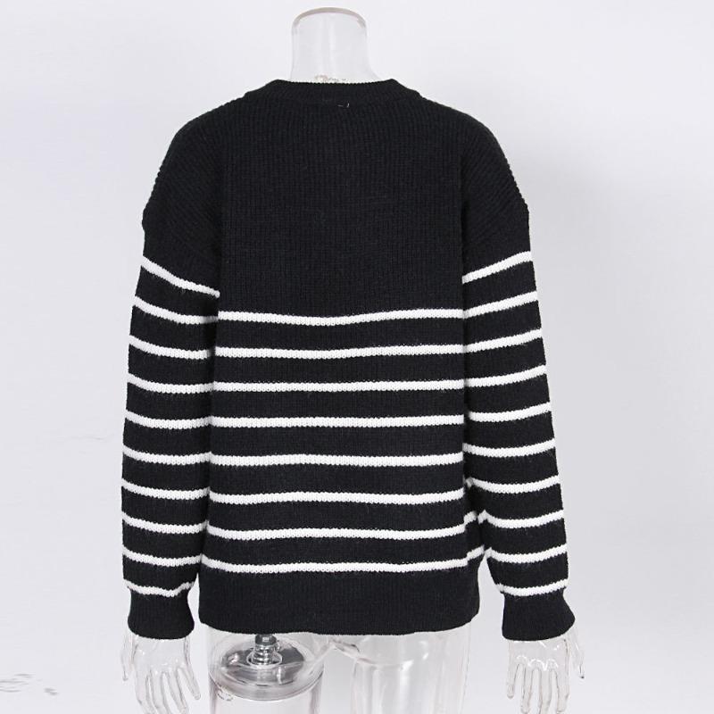Striped Sweater Women Knitted Pullovers Autumn Winter Fashion Zipper Jumpers Long Sleeve Half High Collar Loose Pullover