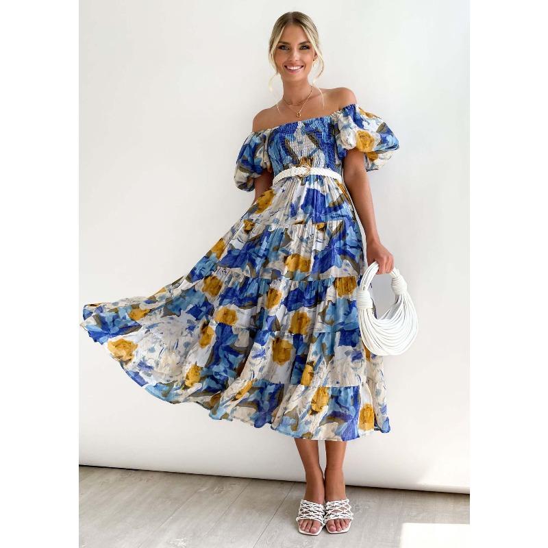 Summer New Bubble Sleeve Holiday Skinny Long Dress Spice Girl High Waist Shoulder Printed Dress Women