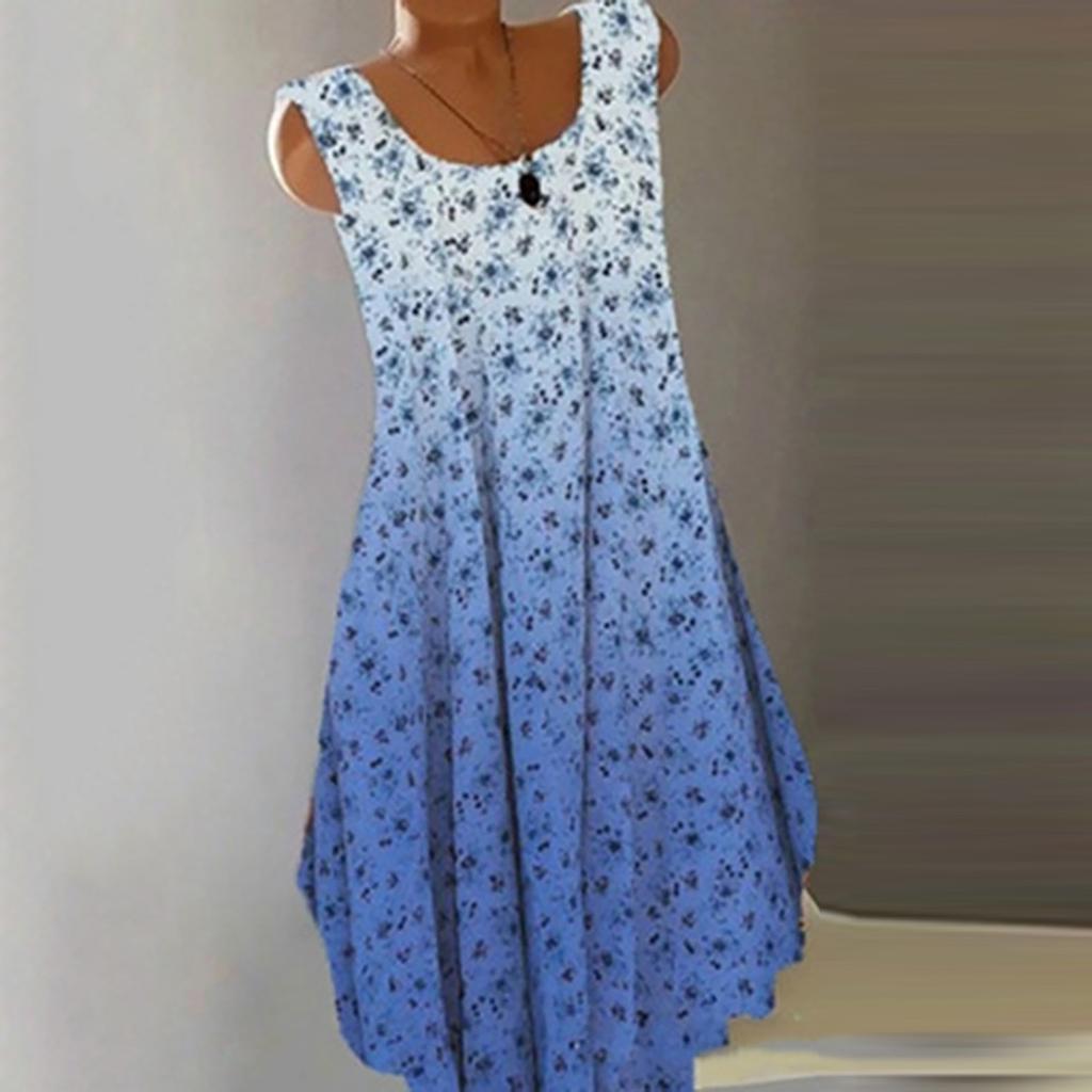 Women's Casual Loose Round Neck Floral Gradient Sleeveless Vest Dress