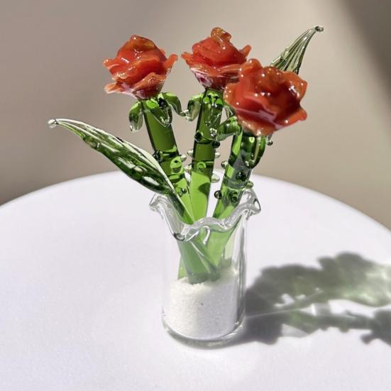 1 Stück/1 Set Mini Glas Rosenblumen Dekoration mit Stiel Handgefertigte Glas Blumenfigur Zuhause Wohnzimmer Mundgeblasenes Blumenstrauß Ornament