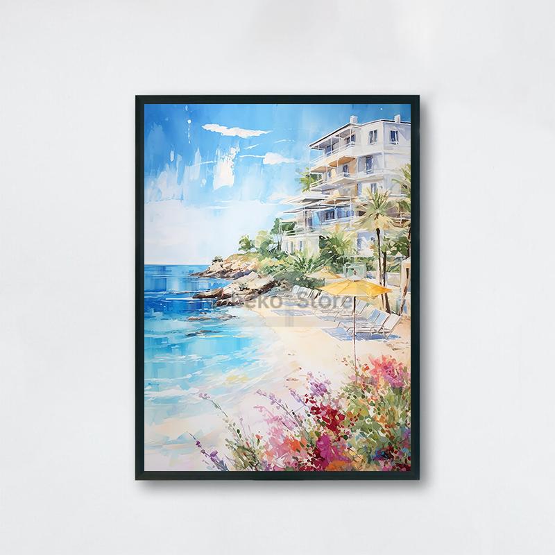 Watercolor Style Mediterranean Coast Sea Poster Seaside Landscape Prints Canvas Painting Wall Art Pictures Home Room Beach Decor