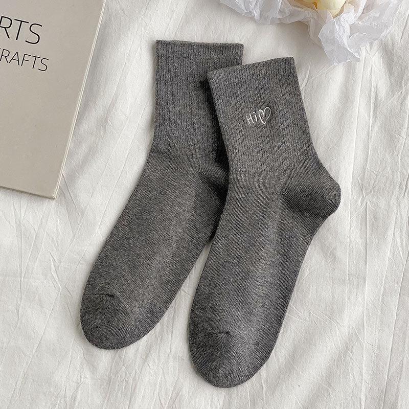 Women's Mid-calf Socks for Spring and Autumn, Heart-shaped Embroidered Cotton Socks, Trendy Women's Socks for Autumn and Winter, Anti-slip Long Socks