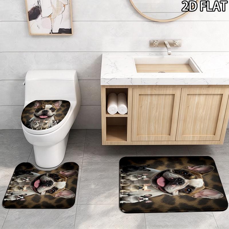 French Bulldog Pattern 3Pcs Bathroom Rug Set, Non Slip Absorbent Bath Mat, Contour Mat & Toilet Lid Cover, Bathroom Decor