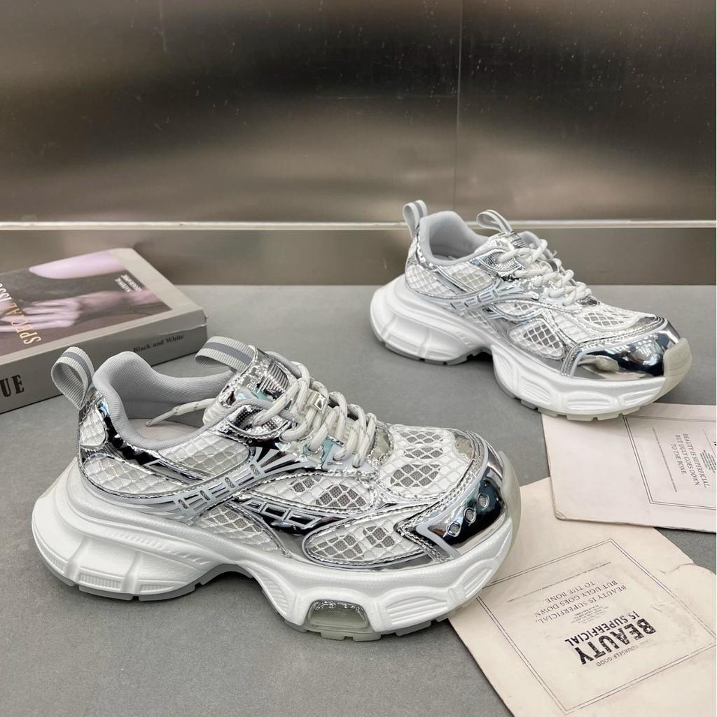 European station 2025 summer new platform dad shoes leather muffin bottom casual sports women's shoes single net breathable shoes