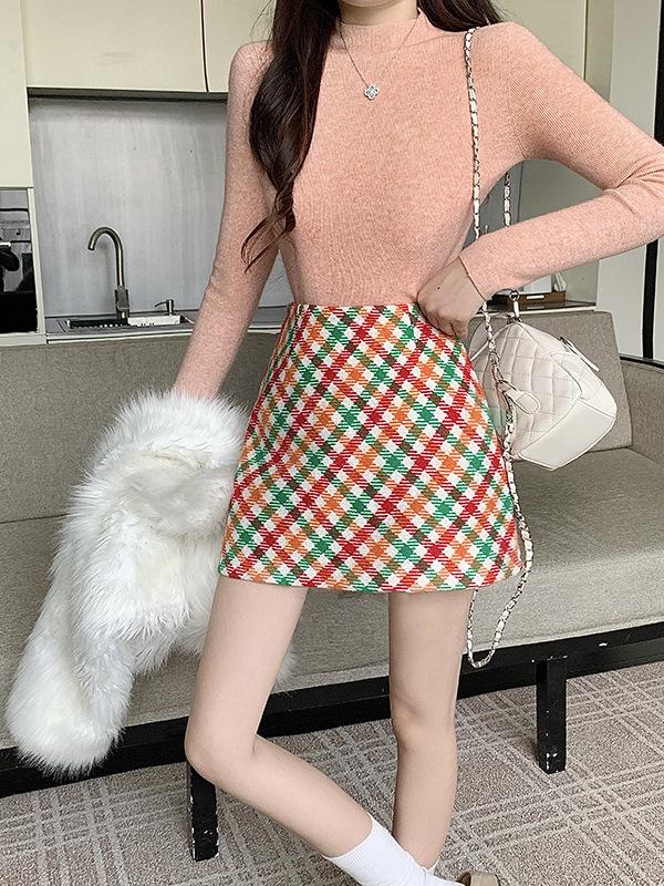 

2025 Plus Size Women s Rainbow Plaid Wool A-line Half-skirt 3XL