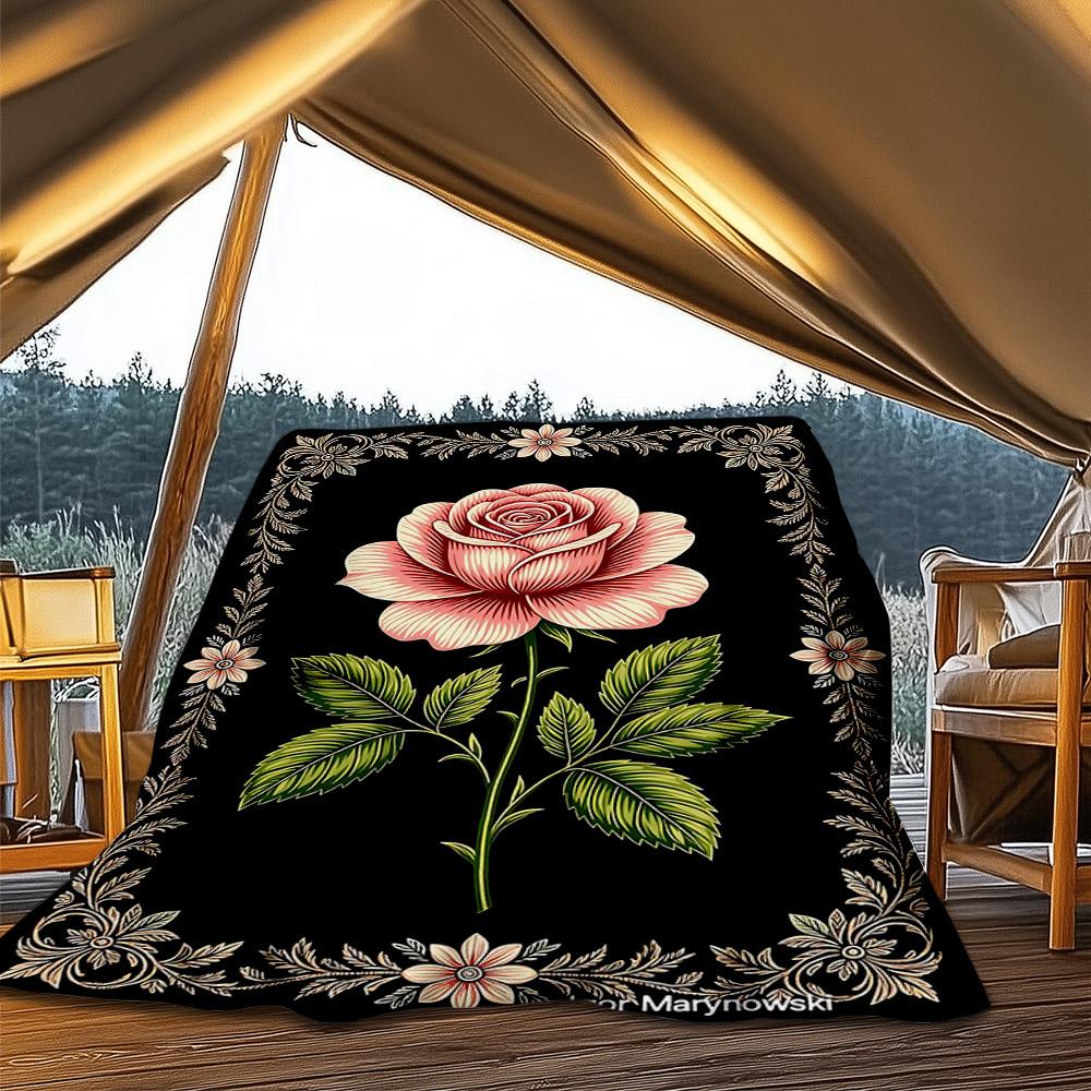 1pc Rose , Floral Outdoor Flannel Blanket Soft All Season Polyester Throw , Perfect for Picnics & Travel , Picnic Accessory