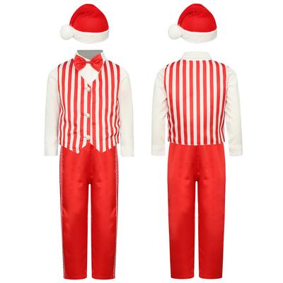 Jungen Weihnachts-Cosplay-Set Langarmhemd Hose Gestreifte Weste Hut Zuckerstange Feiertagskostüm