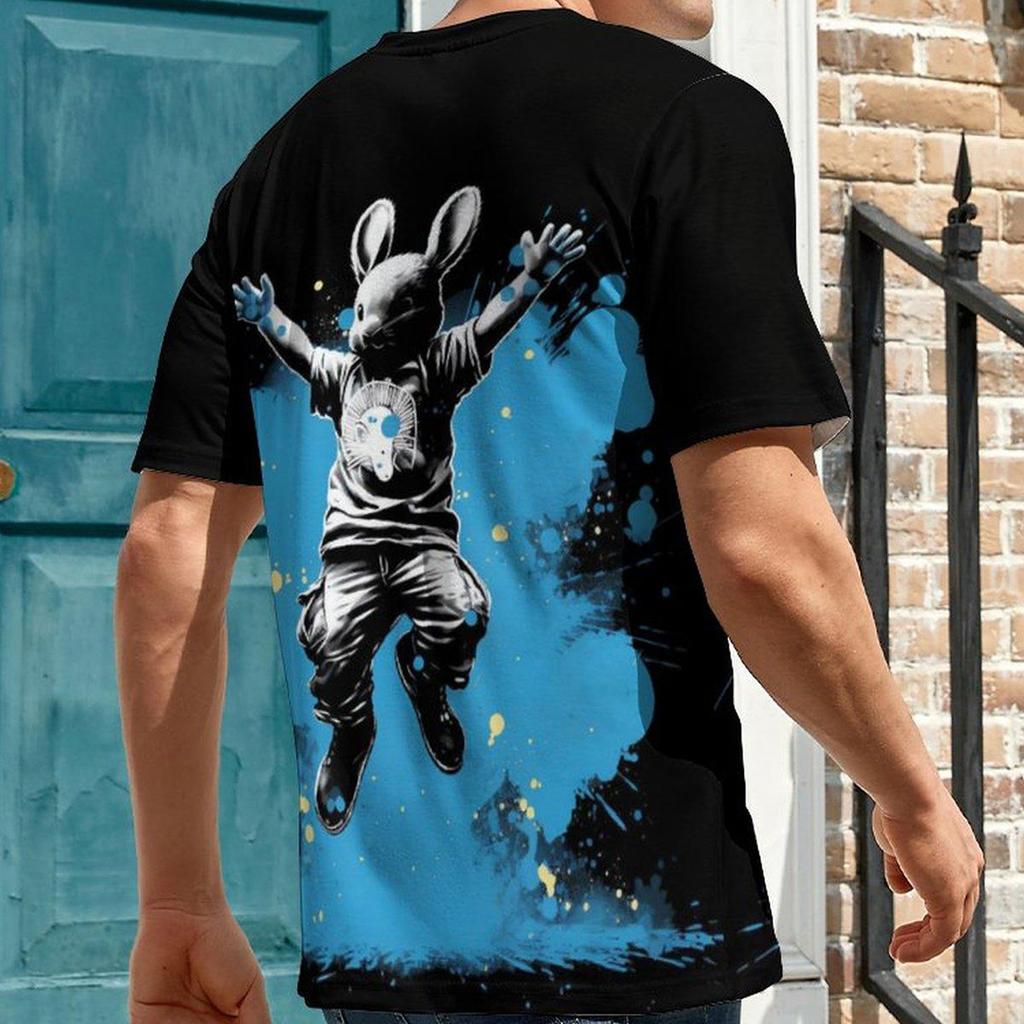 Stylish Bunny 3D Digital Pattern Print Men's Graphic T-shirt, Causal Comfy Tees, Short Sleeve Pullover Tops, Men's Summer Outdoor Clothing