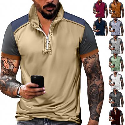 Summer New Men's Color Matching Semi-zipper Casual Stand Collar Short-sleeved Shirt Collar