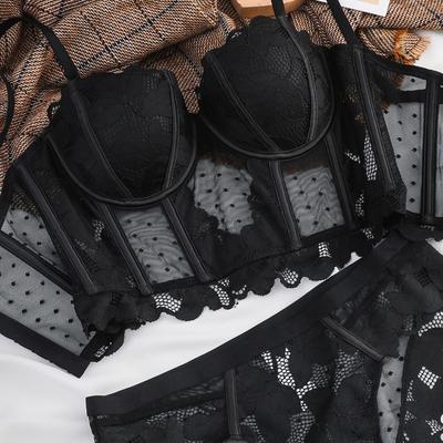 Francouzská krajka výšivka Dlouhá sada podprsenky Push Up Sexy ženy Spodní prádlo Rybí kost Body Shaper Top Prodyšná sada podprsenky a kalhotek