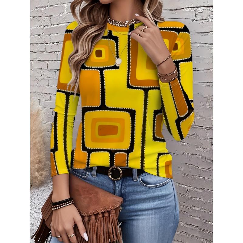 Brightly Colored Checkered Pattern Women's Round Neck Long-sleeved Top, a Stylish and Casual Everyday Look, a New Style.