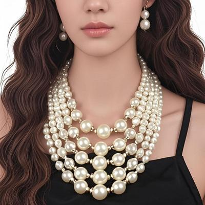 European and American Luxury Exaggerated Multi-layer Pearl Necklace Beaded Noble Temperament Versatile Earring Set
