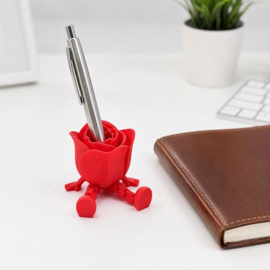 Desktop Storage Ornament Heart Rose Ornament, 3D Printed Red Pen Holder Romantic Love Gift with Movable Joints, Figure for Valentine Day Decoration