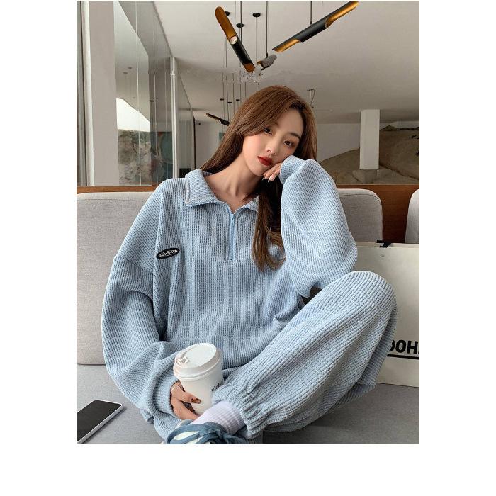 

Lazy wind waffle sportswear suit girls spring and autumn new loose large size simple two-piece set XXL синій
