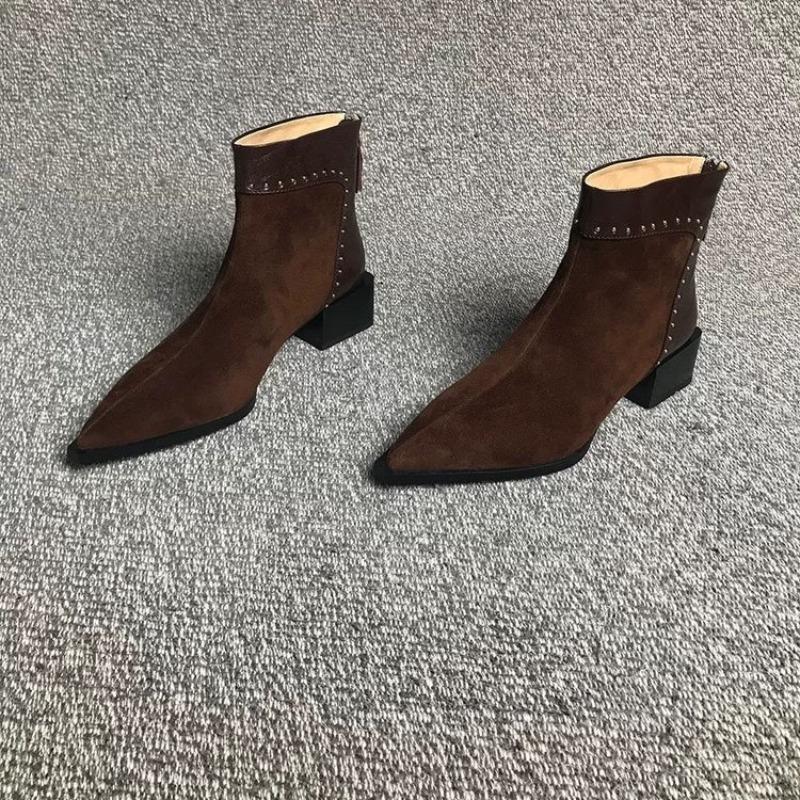 

Модные ботильоны на блочном каблуке, женские модные остроносые ботинки на молнии сзади, с мягкой подошвой, противоскользящие, износостойкие, короткие 35