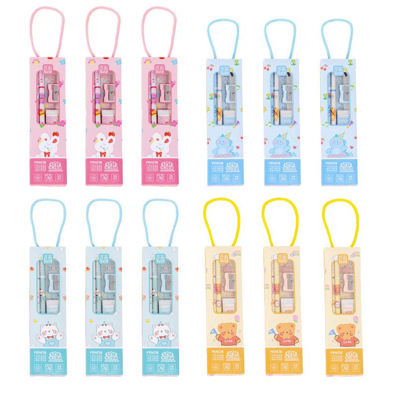 

12 комплектов портативных канцелярских принадлежностей, набор с изображением животных, мультяшный карандаш, милая линейка, детская точилка для карандашей, ластик для школьников, подарки