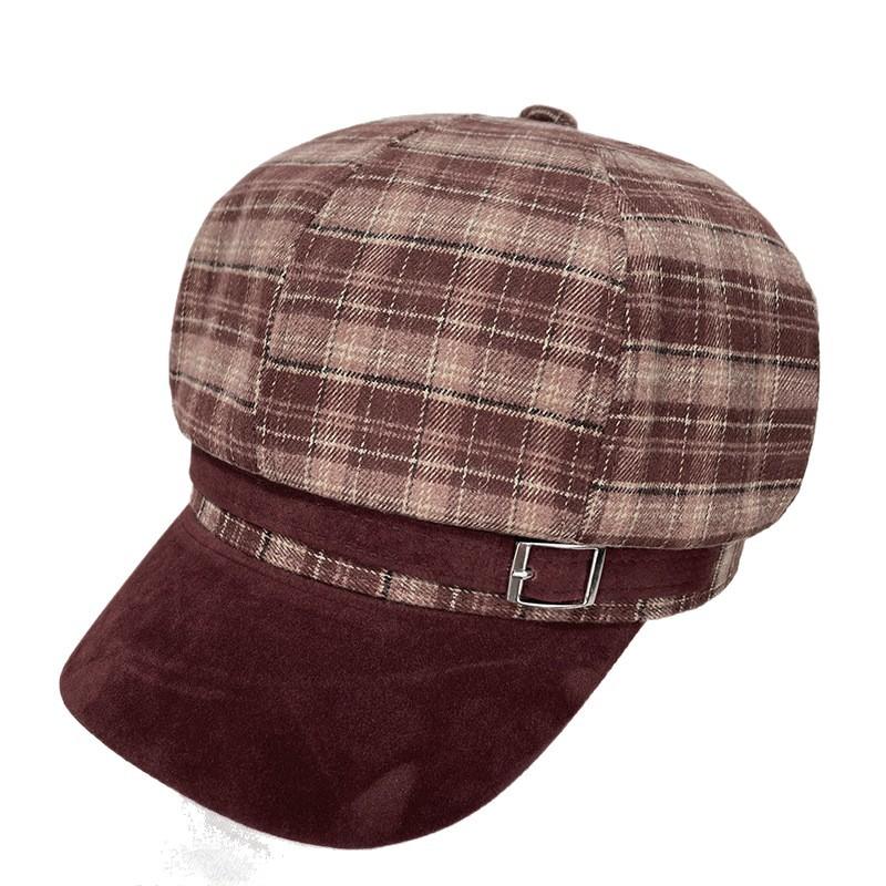 Retro Checkered Octagonal Hat Style for Women In Autumn and Winter British Style Beret Woolen Warm and Elegant Painter Newsboy Hat