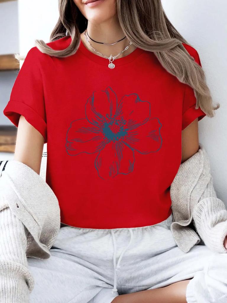 Minimalist Flower Print Tee Artistic Short Sleeve Top Women Casual Crew Neck Top Summer Comfort Wear Clothing