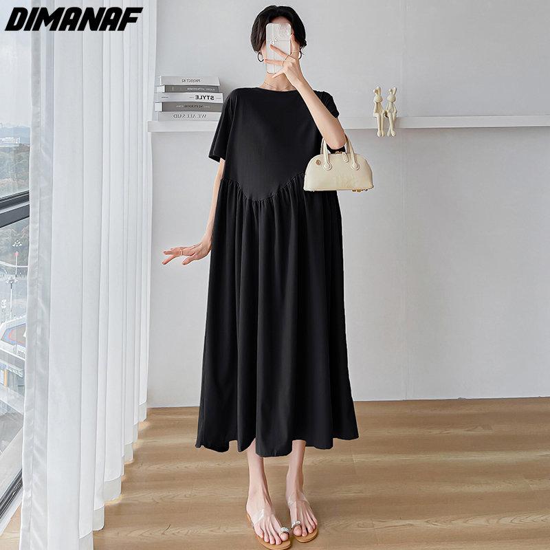 

DIMANAF 2023 Летнее платье больших размеров Женское Хлопковое Свободное Повседневное Плиссированное Плиссированное Однотонное Платье Черный
