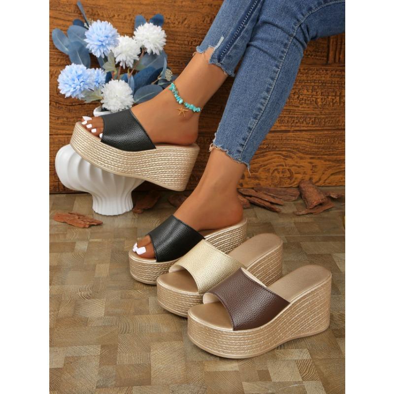 Sandalen mit Keilabsatz Hausschuhe Damen Dicke Sohle Ein Wort Schlepp Außen tragen Damen Strandschuhe