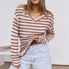 Women's Striped Color-blocked V-neck Pullover Long-sleeved Knit Top