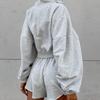 1116 Autumn European and American Hooded Long-sleeved Sweater Loose Shorts Two-piece Set Versatile Casual Sports Suit Gray Women