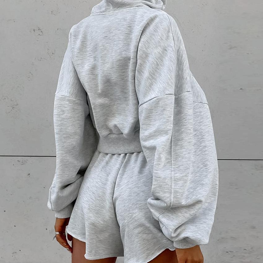 1116 Autumn European and American Hooded Long-sleeved Sweater Loose Shorts Two-piece Set Versatile Casual Sports Suit Gray Women