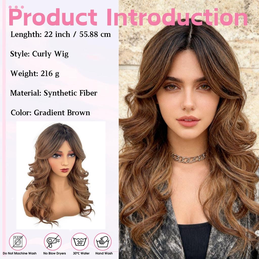 Gradient Brown Fashion Bangs Natural Curly Medium-Length Wig