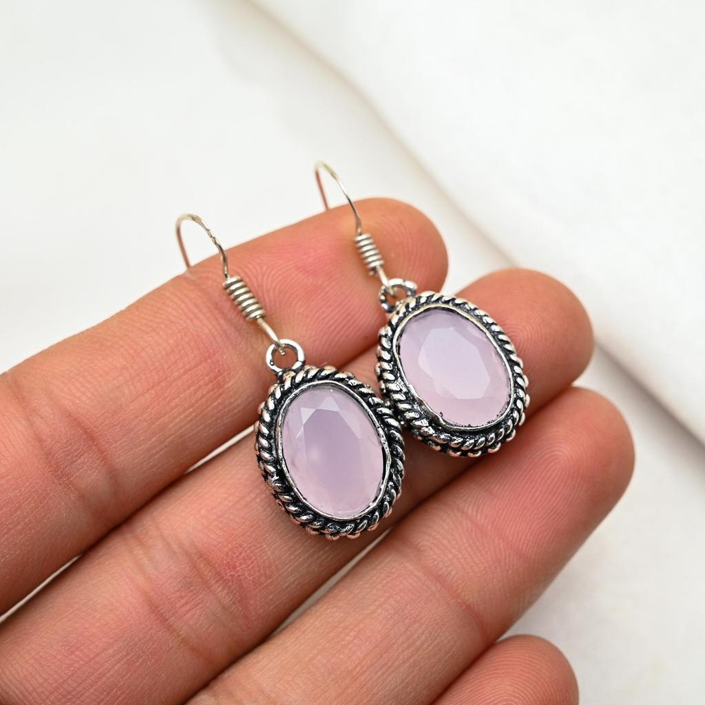 Pink Chalcedony Earrings Gemstone Jewelry, 925 Solid Sterling Silver Handmade Earrings, Latest Design Jewelry
