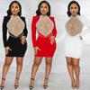 Fashion Sexy Rhinestone Mesh Beaded Backless Long Sleeve Midi Dress for Women